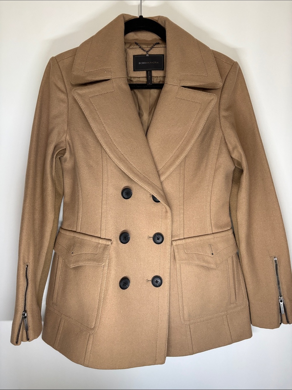 BCBGMaxAzria Camel Double-Breasted Wool Cashmere Peacoat